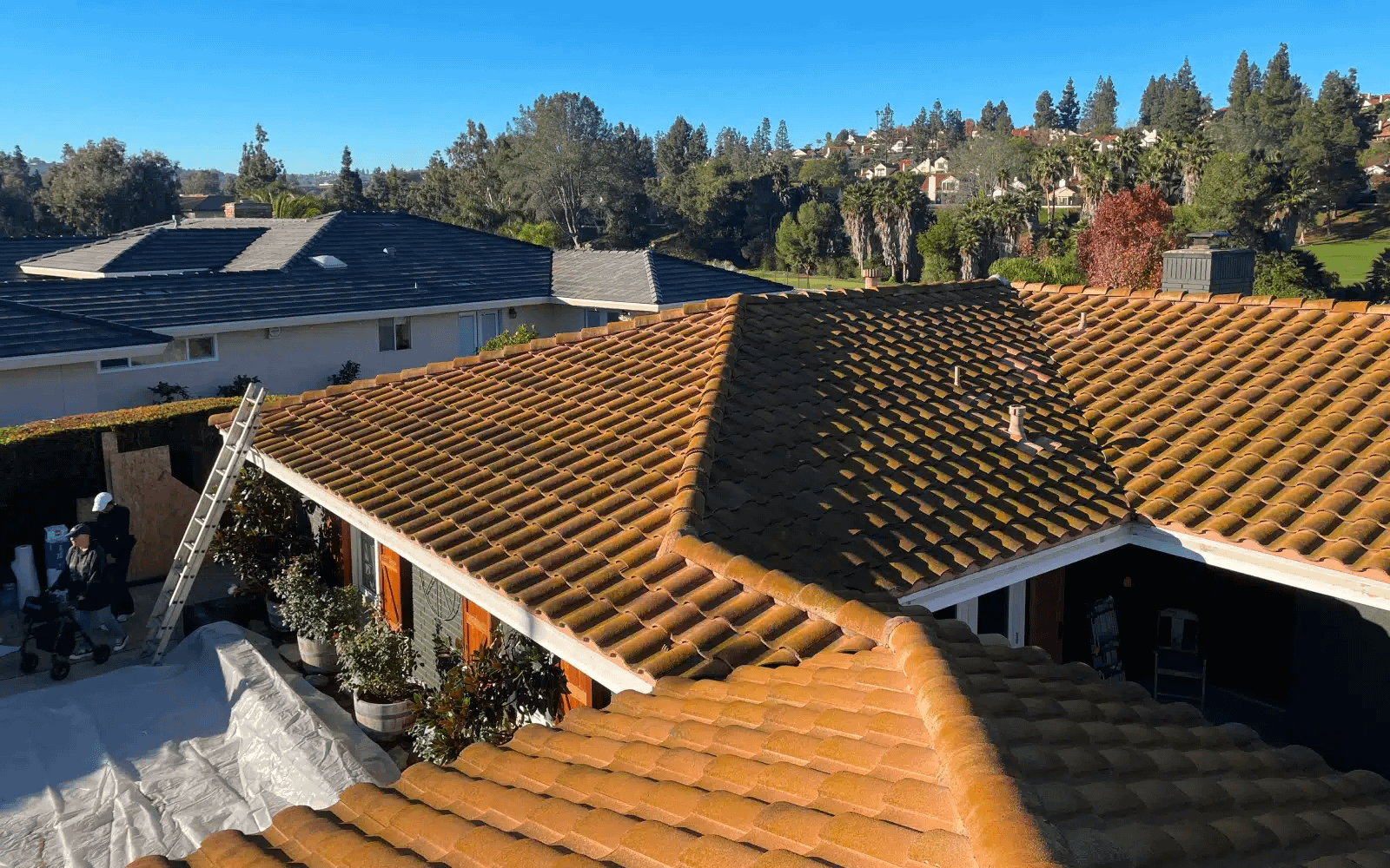 Existing concrete tile roof layout in Rancho Bernardo, CA prior to replacement, showing ridge lines, valleys, and overall roof condition.