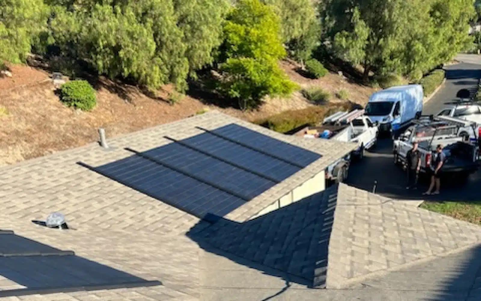 Integrated GAF Solar Roof system installed directly into the roof deck during a full replacement in Fallbrook.