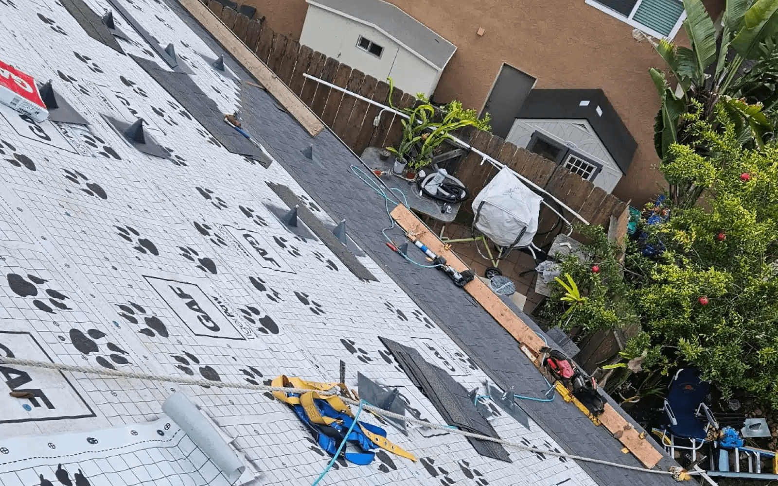 GAF underlayment installed during roof replacement with solar coordination in Rancho Peñasquitos, CA