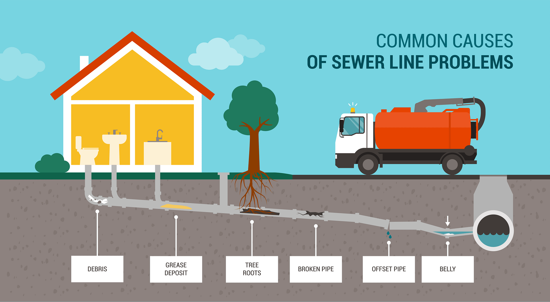 Sewer line issues and causes illustrated Sewer line issues and causes illustrated