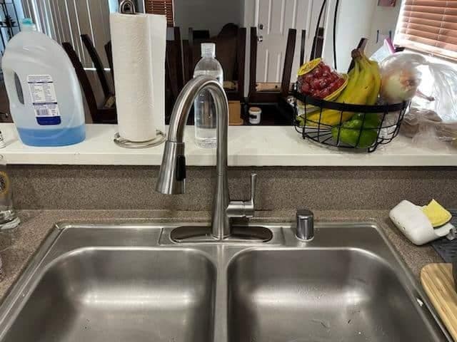 Kitchen sink with fruits and cleaning supplies. Kitchen sink with fruits and cleaning supplies.